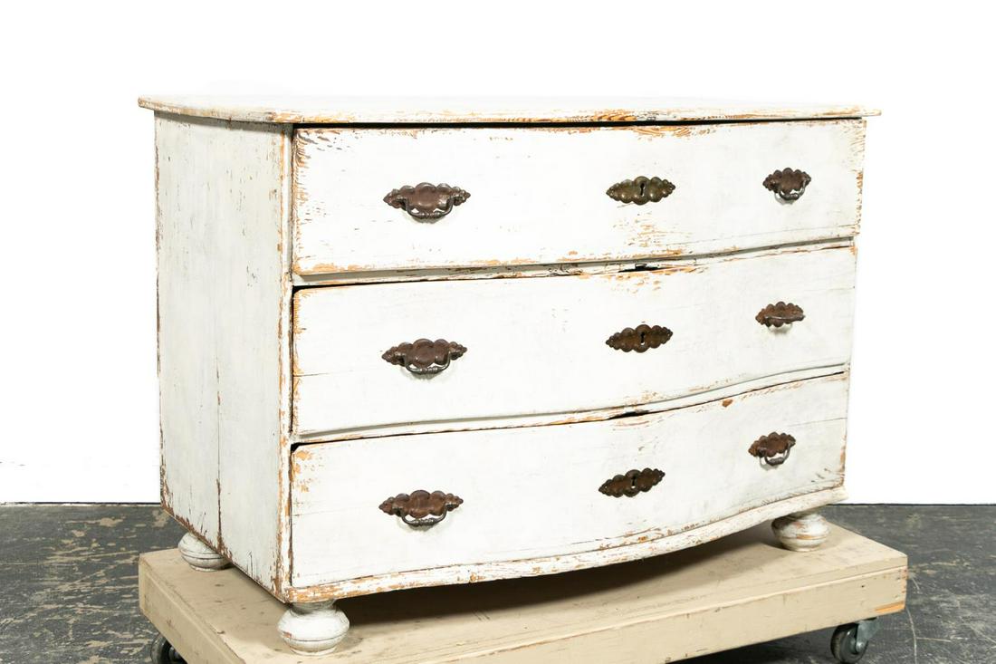Swedish Baroque Painted 3-Drawer Commode: Swedish, late 19th/early 20th century. Baroque style 3-drawer swell-front painted pine commode with brass hardware and on turned bun feet. Approx. h. 31.25", w. 45", d. 25"