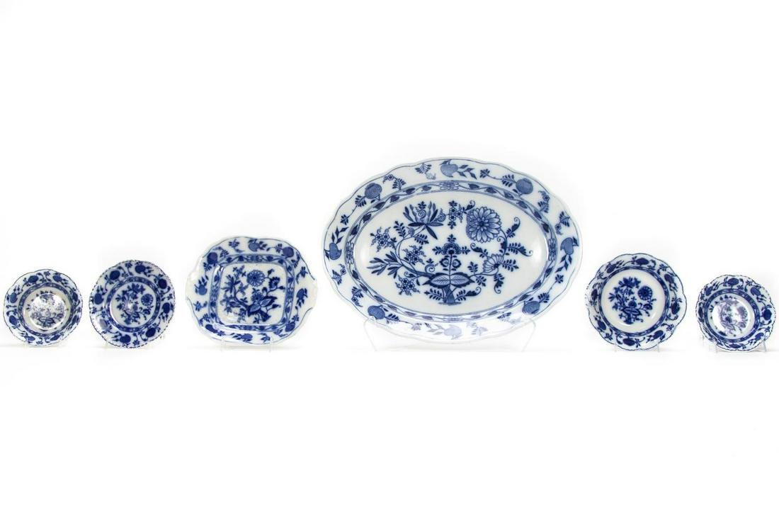 Five Pieces of "Blue Onion" Type Serveware: English, late 19th to early 20th century. Group of five pieces of blue and white transfer decorated earthenware serveware comprising a: Bates Walker & Co. "Dresden" platter, Shelton cake plate and two