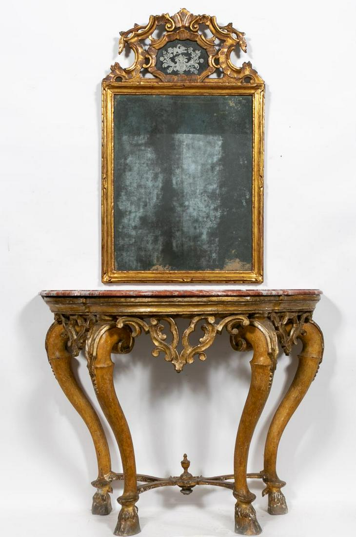 18th C. Italian Baroque Giltwood Console & Mirror: Italian, 18th century. Baroque giltwood serpentine form console table having conforming rouge marble top, scrolled apron and rising on cabriole legs with hoof feet and an "x" stretcher with urn; toget