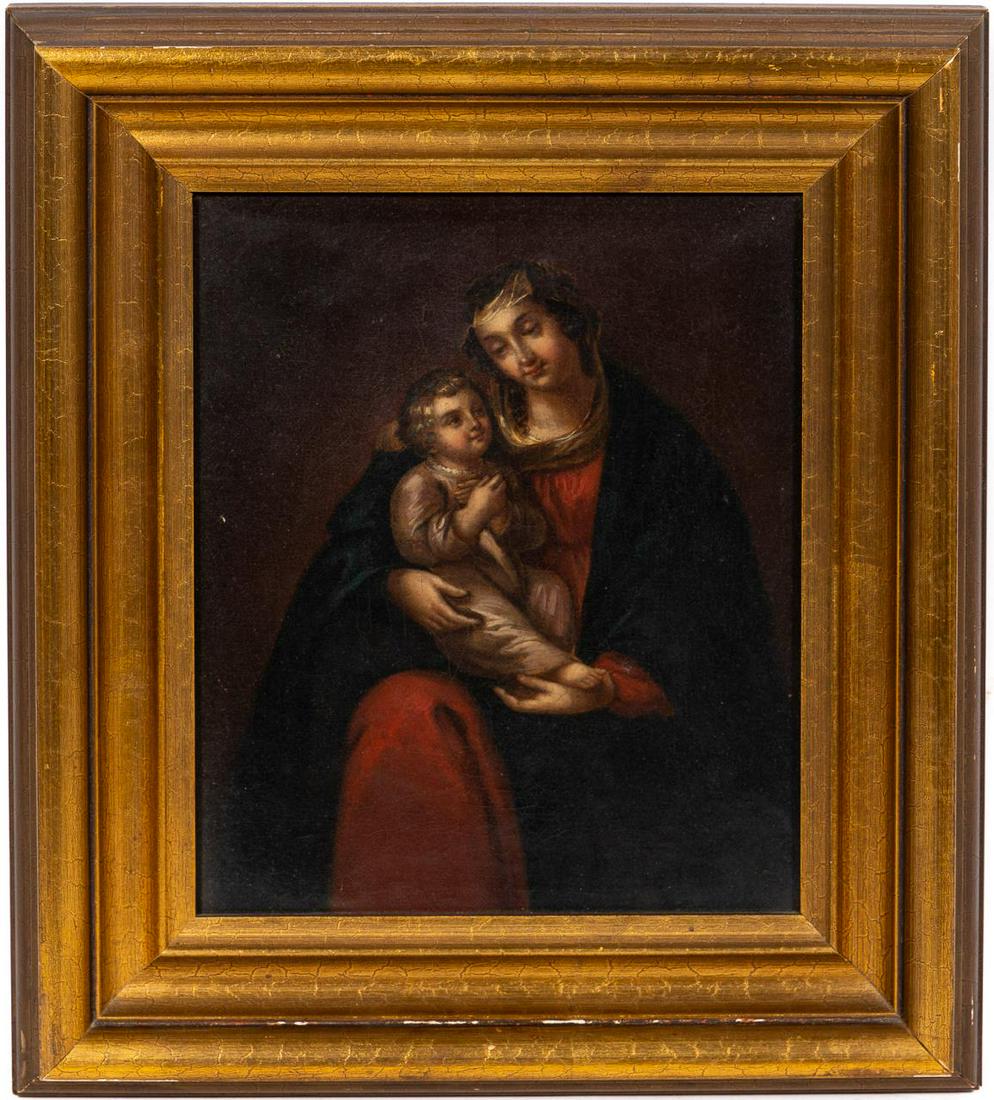 Italian School Oil Painting, Madonna & Child: Continental, Late 19th Century. "Italian School Madonna and child", oil on canvas, apparently unsigned. Italian School Madonna and child with Mary seated in red dress and blue robe, holding Jesus as a