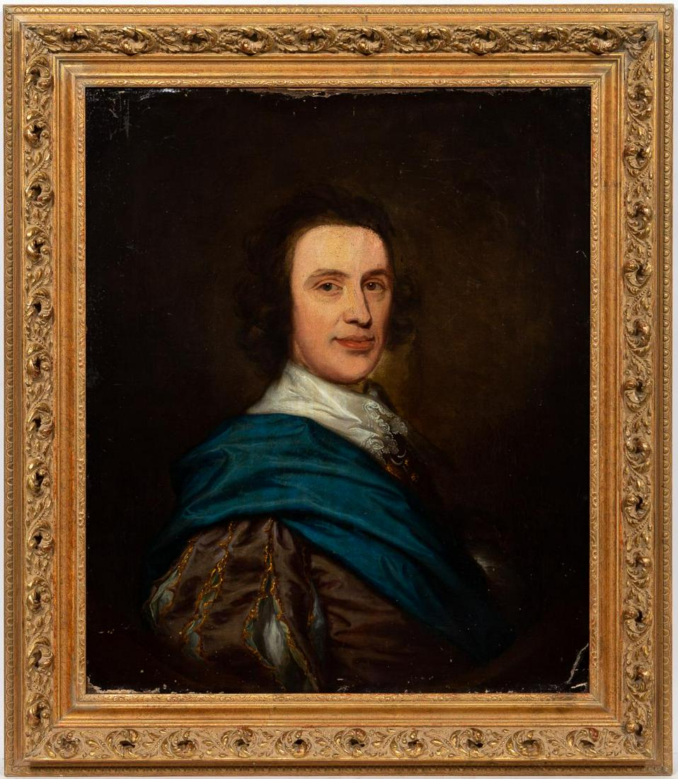 17th C. Continental School Portrait of Gentleman: Continental school, mid 17th century. "Portrait of a Gentleman" - oil painting on canvas, apparently unsigned. Bust-length portrait of a seated gentleman with a blue sash. Approx. 30" x 25" (canvas), 