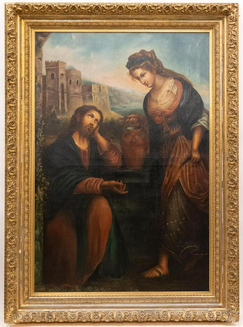 After Lavinia Fontana, Religious Scene Oil: After Lavinia Fontana, (Italian, 1552 – 1614). "Christ and the Samaritan Woman" - late 19th to early 20th century, Continental school oil on canvas painting, apparently unsigned. Large scale paintin