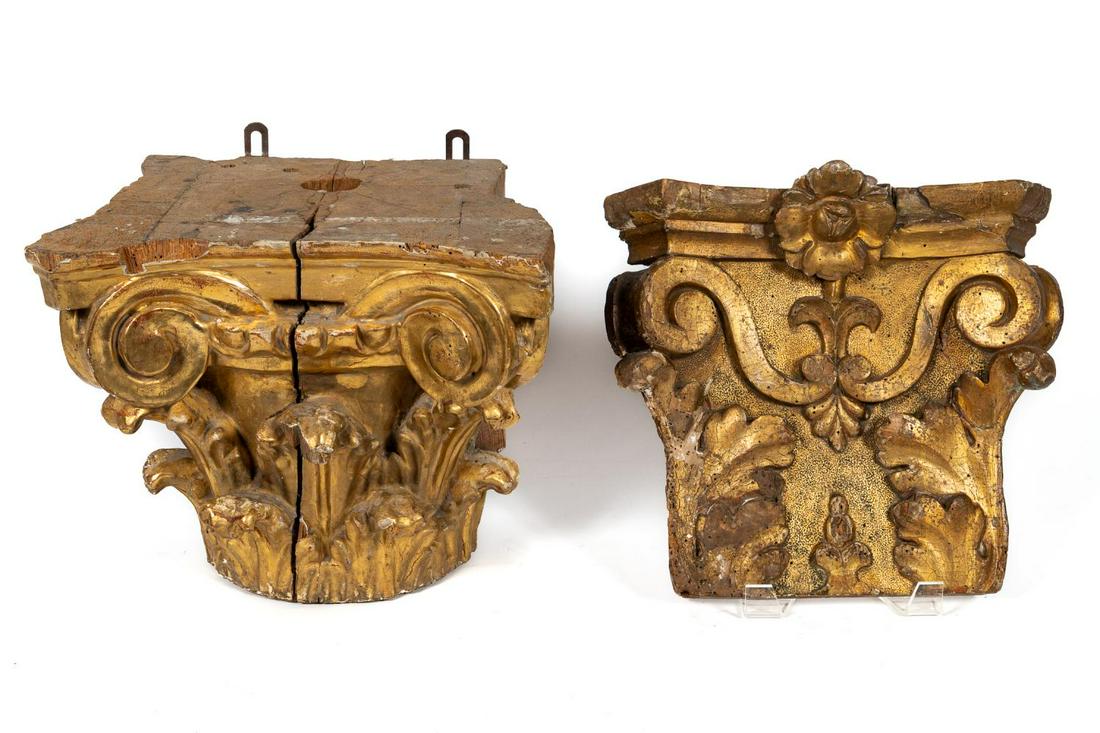 Two 18th & 19th C. Giltwood Architectural Elements: Continental, 18th and 19th century. Two giltwood architectural elements comprising a Spanish, 18th century, composite order capital pilaster, having scrolled volutes and acanthus leaves below, togethe