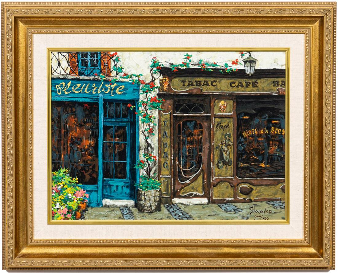 Viktor Shvaiko "Cafe Tabac" Embellished Serigraph: Viktor Shvaiko (Russian, born 1965). "Cafe Tabac", hand embellished serigraph on canvas, signed "Shvaiko" to lower right and numbered "544/950". Approx: (canvas) 12" x 16", (frame) 18" x 22".