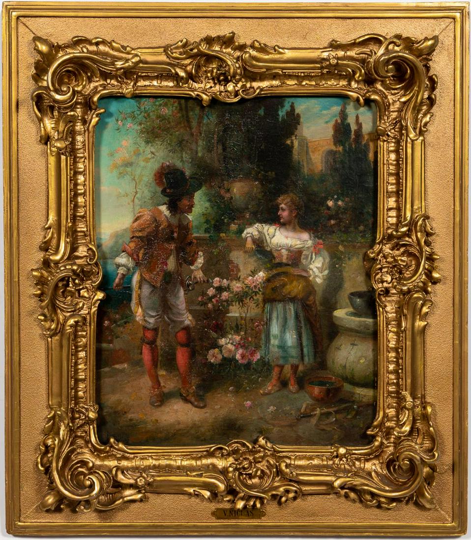 V. Niclas, "Meeting at the Wall", Oil on Canvas: V. Niclas (Continental, 19th century). "Meeting at the Wall" - late 19th century, oil painting on canvas, signed lower left with old inventory label to verso of stretcher. Romantic courting scene of a