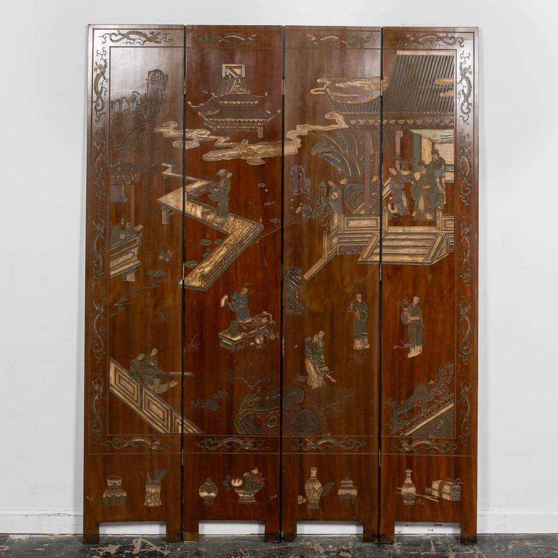 20TH C. CHINESE LACQUER 4-PANEL COROMANDEL SCREEN: Chinese, 20th century. Carved red lacquer four-panel screen having figures in a landscape to one side and a landscape to the other. Unmarked. Approx. h. 96", w. 72", d. 0.75".