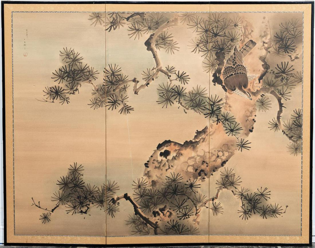 20TH C. JAPANESE THREE-PANEL HAND-PAINTED SCREEN: Japanese, 20th century. Three-panel floor screen having a hand-painted scene on silk of an eagle in a pine tree with characters and seal, geometric fabric to the reverse. Approx. h. 52.5", w. 74.25",