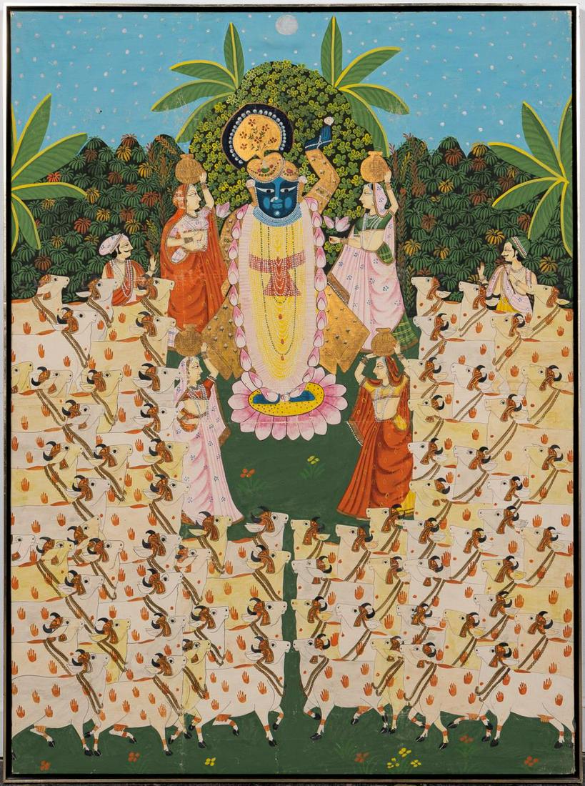TIBETAN THANGKA BODHISATTVA GOUACHE PAINTING: Tibetan School, 20th century. Buddhist Thangka, gouache on fabric, apparently unsigned. Painting with blue figure, bodhisattva, surrounded by figures with offering and cows. Approx. 57" x 42" (cloth),
