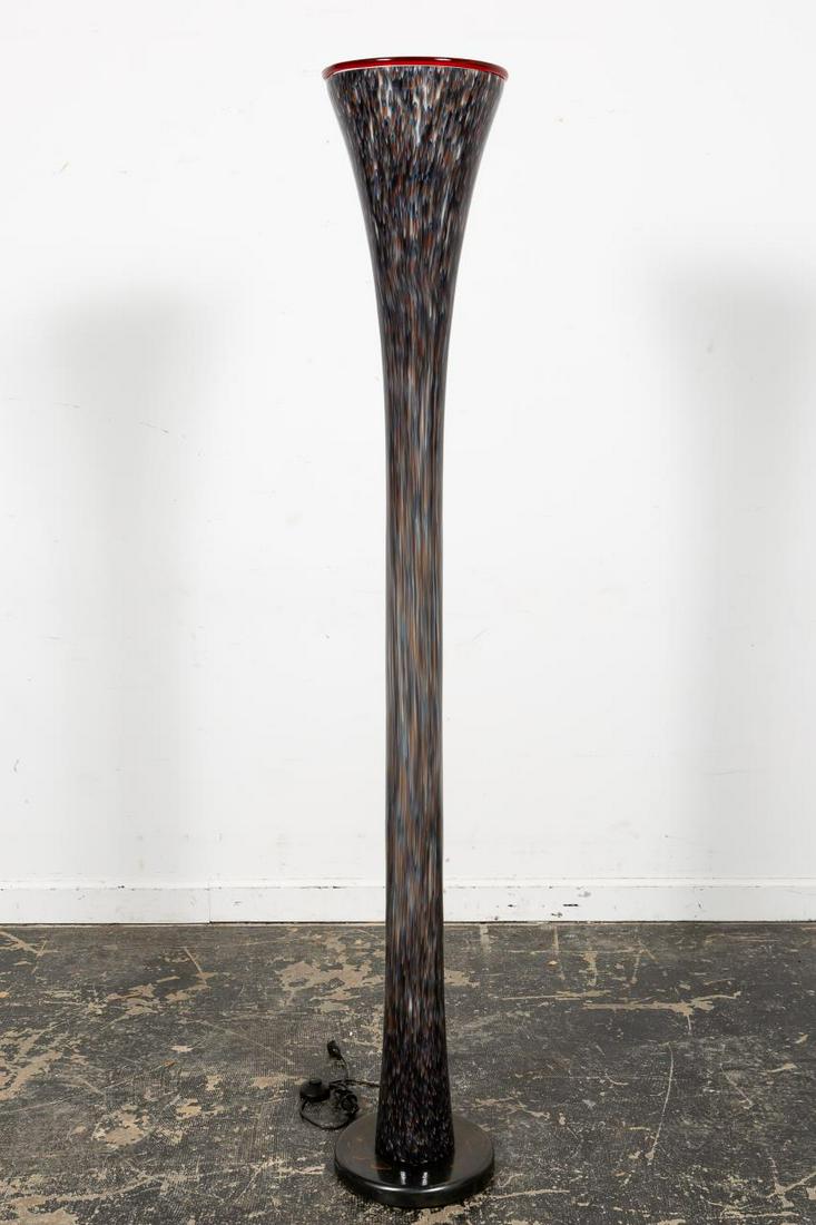 TALL VISTOSI MURANO MULTI-COLORED GLASS FLOOR LAMP: Luciano Vistosi for Vistosi (Italian, est. 1989), second half 20th century. A tall multi-colored "Lepanto" Murano blown art glass cylindrical form floor lamp. Signed to top rim, "Designed by Vistosi M