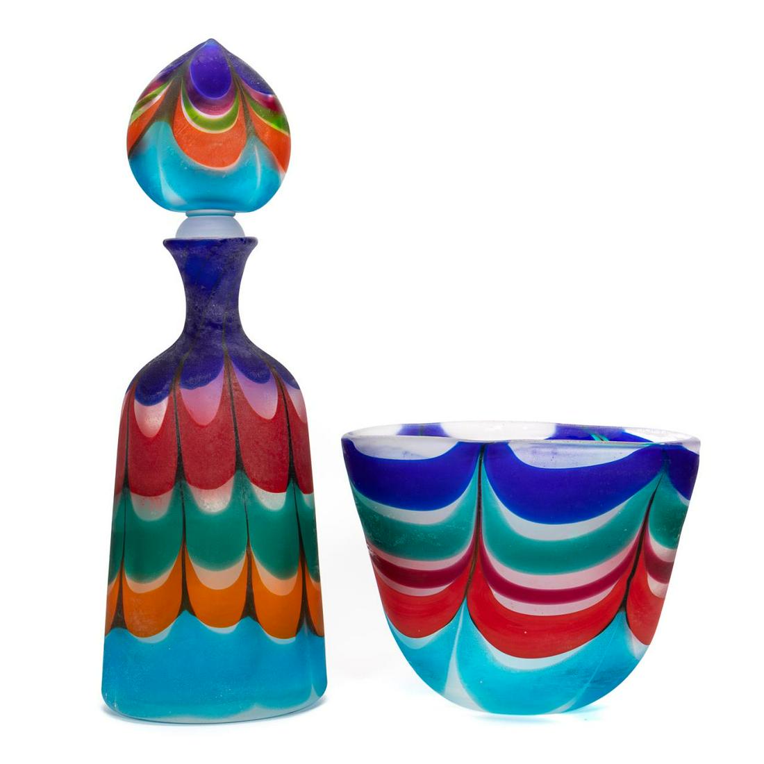 TWO, FABIO TOSI & GINO CENEDESE MURANO ART GLASS: Fabio Tosi (Italian, 20th century), Gino Cenedese (Italian, 20th century). Two pieces of exceptionally executed Murano art glass inspired by the works of Joan Miro including a bottle with matching sto