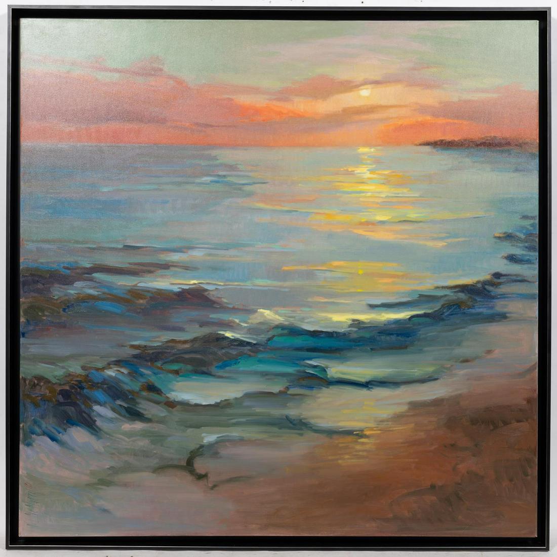 VICKI MCMURRY, "SOOTHING SENSATION" SUNSET GICLEE: Vicki McMurry (American, late 20th century). "Soothing Sensation" - giclee on canvas, signature and copyright symbol lower left. Painting of an ocean sunset scene. Approx. 48" x 48" (canvas), 50.375" 