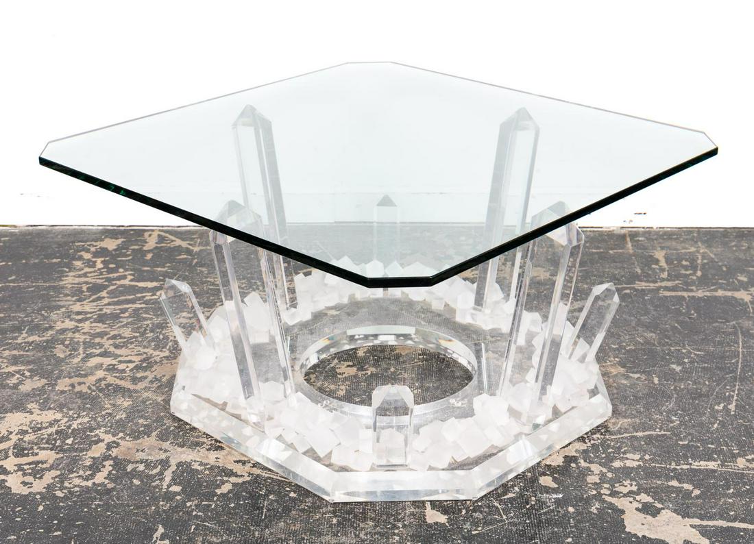 HAZIZA STYLE GLASS TOP & LUCITE COCKTAIL TABLE: Style of Shlomi Haziza (Israeli, 20th century), mid-20th century. A glass top Lucite or acrylic coffee table with faux rock crystal motif. Apparently unmarked. Approx. h. 21.5", w. 42", d. 42".