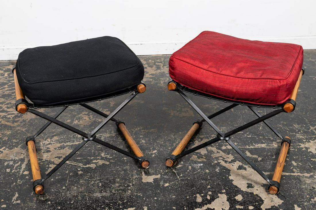 2 CLEO BALDON "X" FRAME MID-CENTURY MODERN STOOLS: Cleo Baldon (American, 20th century) for Terra Furniture (American, est. 1968), circa 1970. A pair of "X" frame campaign style stools in wood and wrought iron. Apparently unmarked. Approx. h. 16", w.