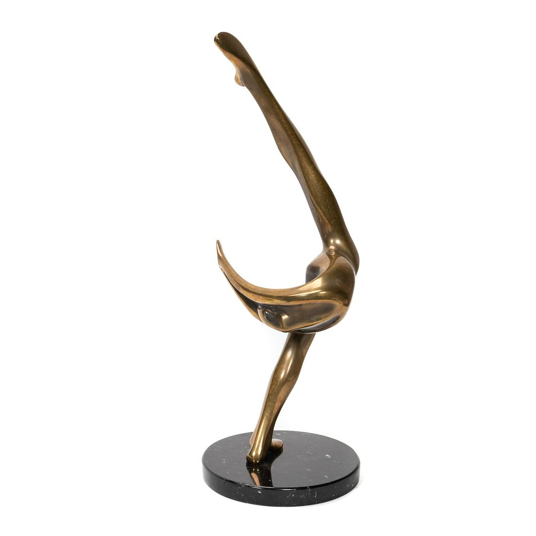 BOB BENNETT, "DANCER" FEMALE BRONZE SCULPTURE: Bob Bennett (American, 1928-2003). "Dancer" - 1982, bronze sculpture on marble base, signed and numbered to lower foot "27/250, Bob Bennett, '82". A figural art deco style abstract of a dancer. Approx