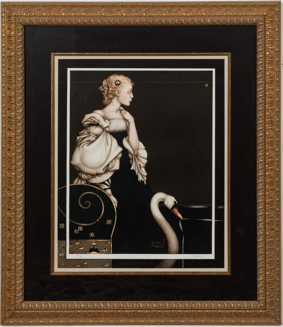 MICHAEL PARKES, "BEATRICE ALONE" LITHOGRAPH: Michael Parkes (American, b. 1944- ). "Beatrice Alone" - 1998, lithograph on paper, pencil signed and numbered 113/300 on lower margin. Figural print of seated female and swan, with image onto the mat