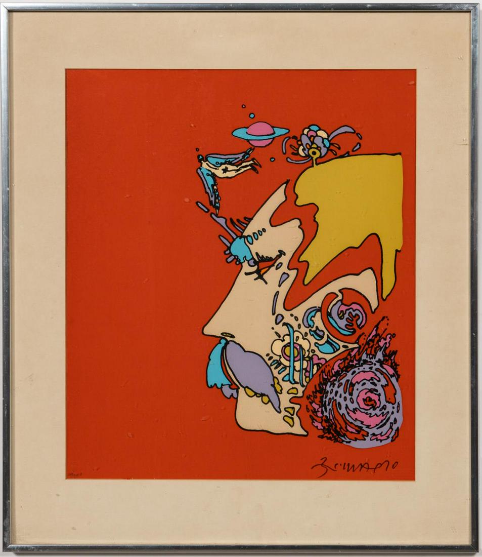 PETER MAX "ASTRAL THINKER" SERIGRAPH, 1970: Peter Max (German/American, born 1937). "Astral Thinker" - 1970, serigraph on TH Saunders paper, signed in ink to lower right "Peter Max, 70", numbered 104/200 to lower left and double watermarked wit