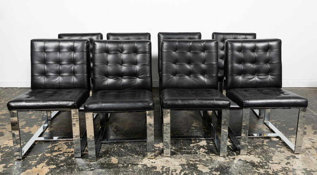 8 MILO BAUGHMAN FOR THAYER COGGIN DINING CHAIRS: Milo Baughman (American, 1923 - 2003) for Thayer Coggin (American, 1953), circa 1970s. A set of eight mid-century modern "model 8101" tufted leather and chrome dining chairs. Apparently unmarked. Appr