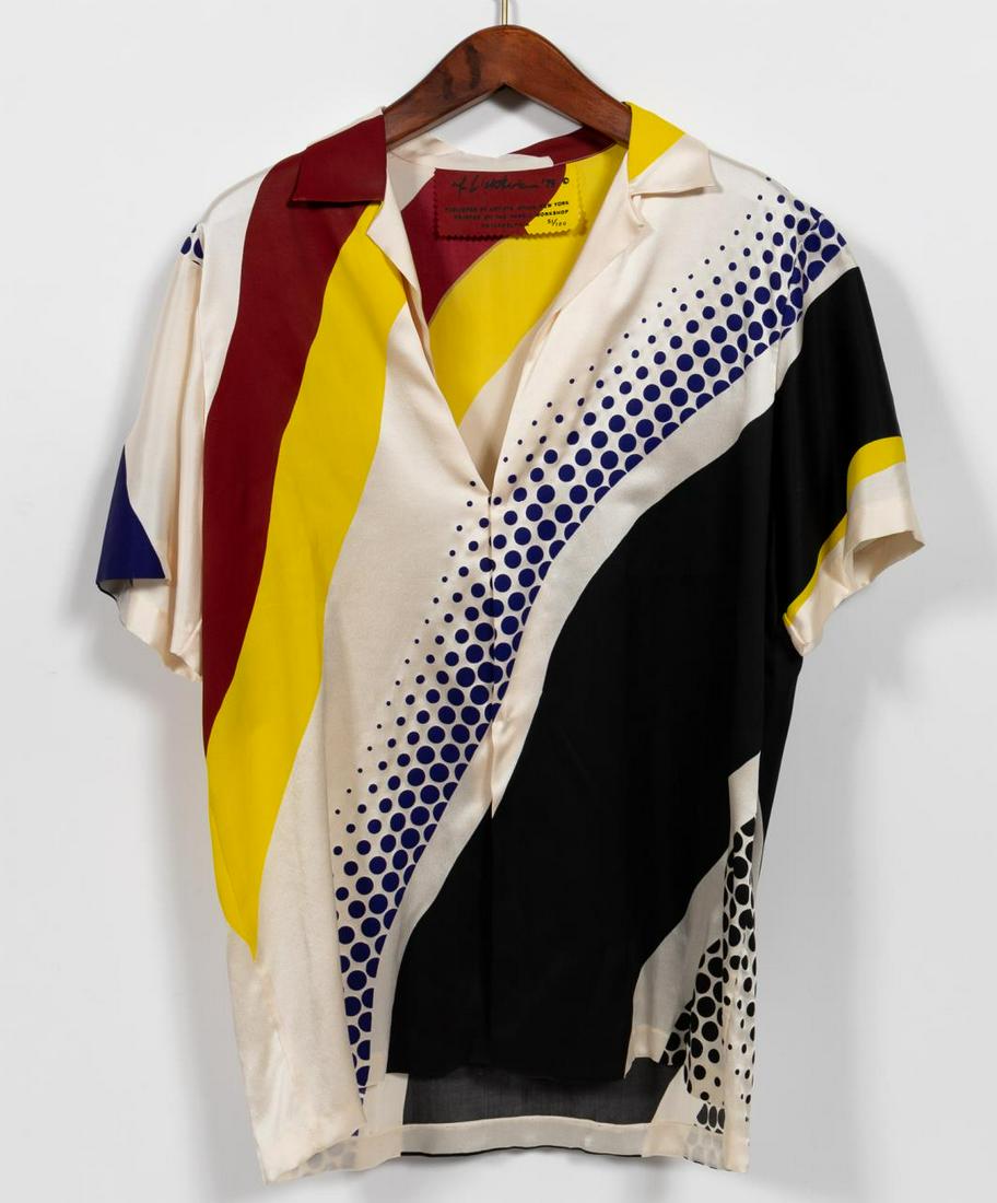 ROY LICHTENSTEIN UNTITLED SCREEN PRINT SHIRT, 1979: Roy Lichtenstein (American, 1923-1997). Untitled - 1979, screen printed silk shirt, printed label "R. Lichtenstein' 79/Published by Artists Space, New York/Printed By the Fabric Workshop/Philadelphia,