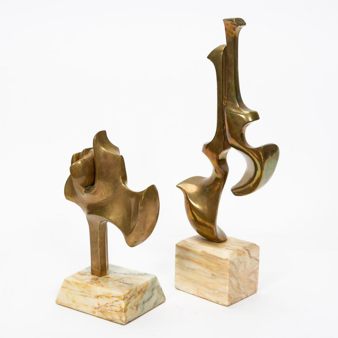 TWO, SOMCHAI MODERN BRONZE ABSTRACT SCULPTURES: Hattakitkosol Somchai (Thai, 1934 - 2000). Untitled - two gilt bronze modern abstract sculptures resting on marble bases. The taller sculpture is signed "Somchai, 33/1000" and the smaller "Somchai, 27