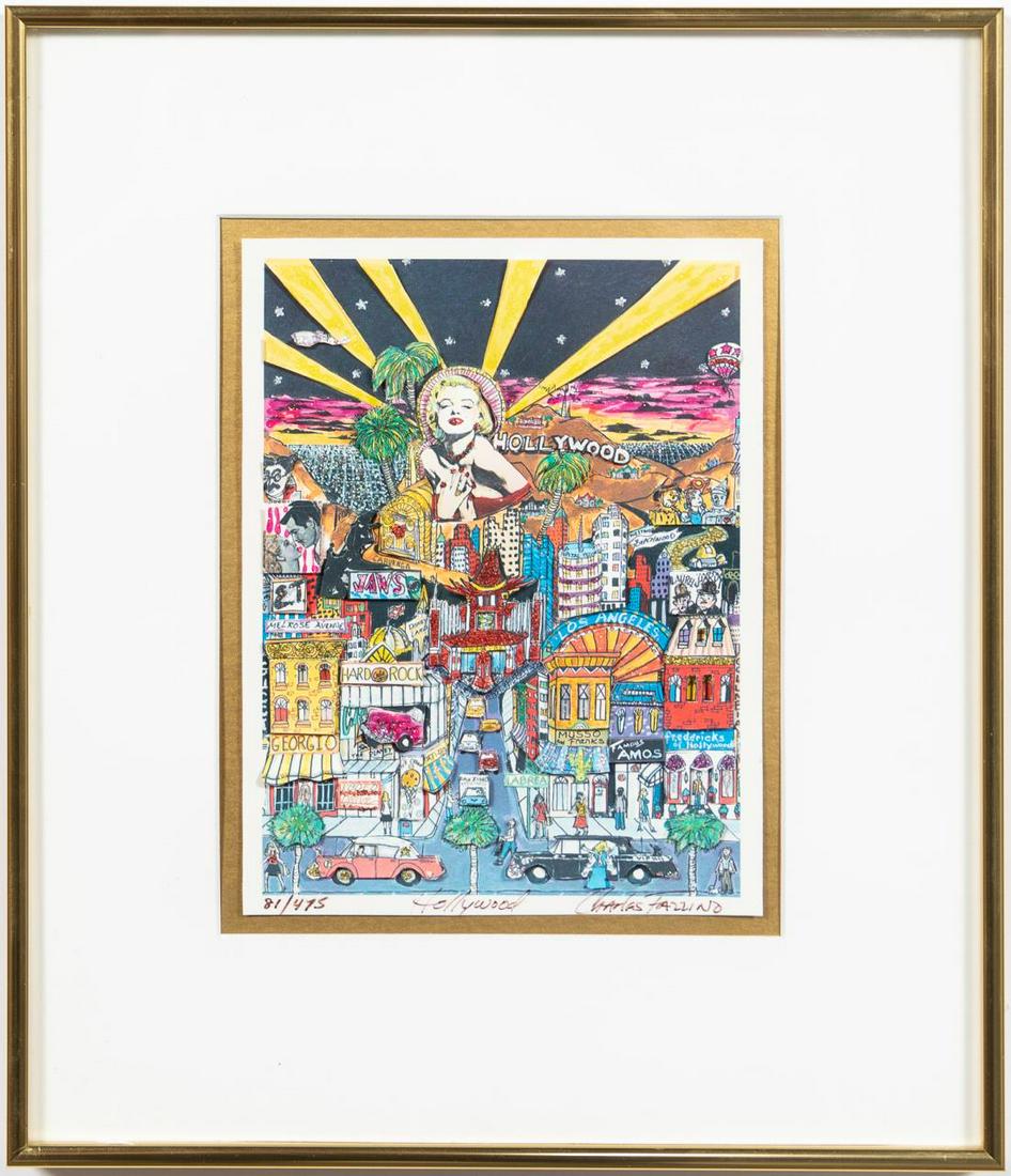 CHARLES FAZZINO "HOLLYWOOD" 3D FRAMED SERIGRAPH: Charles Fazzino (American (New York), b. 1955- ). "Hollywood" - 1990s, three dimensional serigraph on paper, signed, titled, and numbered 81/475 on lower margin. Pop Art landscape of Hollywood Blvd in