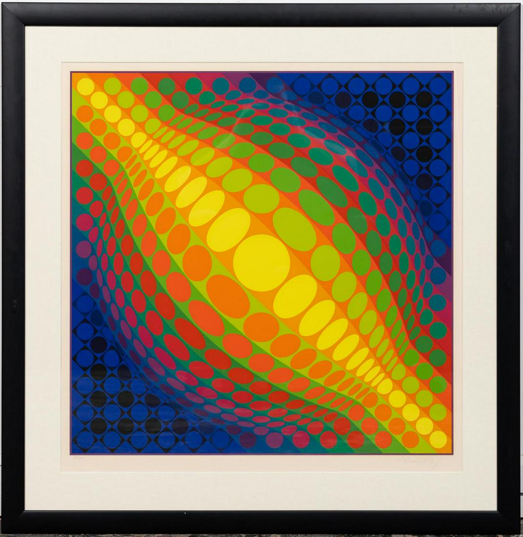 VICTOR VASARELY "VY 37 D GLOBES" OP ART SILKSCREEN: Victor Vasarely (French / Hungarian, 1906-1997). "VY 37 D Globes" - 1974, silkscreen on paper, signed to lower right "Vaserley" and numbered "182/250" to lower left. An op art multi-colored silkscreen