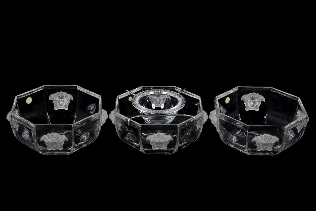 3PC., TWO VERSACE CRYSTAL BOWLS & A CAVIAR SERVER: Versace (Italian, founded 1978), Rosenthal (German, founded 1879), late 20th to early 21st century. Three pieces of Versace Meets Rosenthal "Medusa Lumiere" (active 1996-2017) colorless leaded crystal