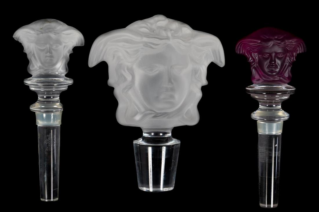 THREE VERSACE MEETS ROSENTHAL CRYSTAL STOPPERS: Versace (Italian, founded 1978), Rosenthal (German, founded 1879), late 20th to early 21st century. Three pieces of Versace Meets Rosenthal "Medusa Lumiere" (active 1996-2017) leaded crystal comprisin