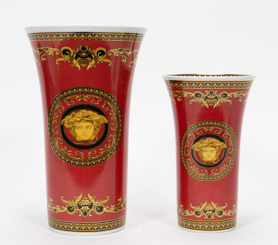 TWO VERSACE MEETS ROSENTHAL "MEDUSA" VASES: Versace (Italian, founded 1978), Rosenthal (German, founded 1879), late 20th century. Pair of Versace Meets Rosenthal gilded "Ikarus Medusa" or "Medusa" (introduced 1994) vases having a trumpet form w