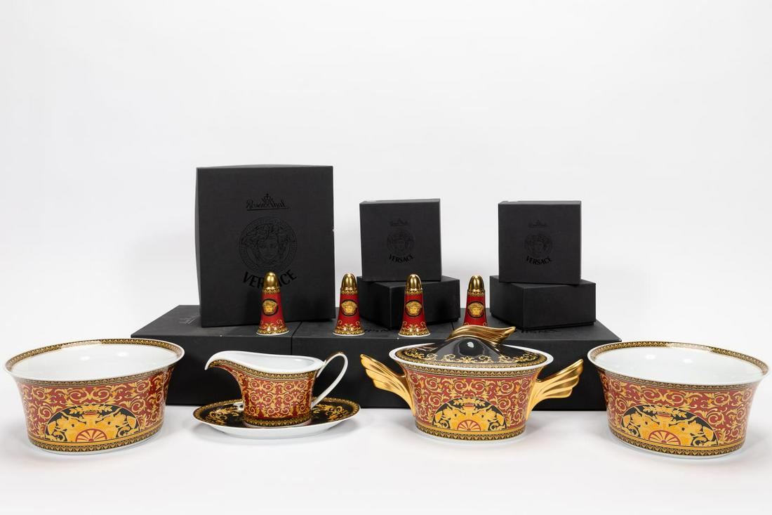 9PC., VERSACE MEETS ROSENTHAL PORCELAIN SERVEWARE: Versace (Italian, founded 1978), Rosenthal (German, founded 1879), late 20th century. Group of nine pieces of Versace Meets Rosenthal gilded "Ikarus Medusa" or "Medusa" (introduced 1994) porcelain ser