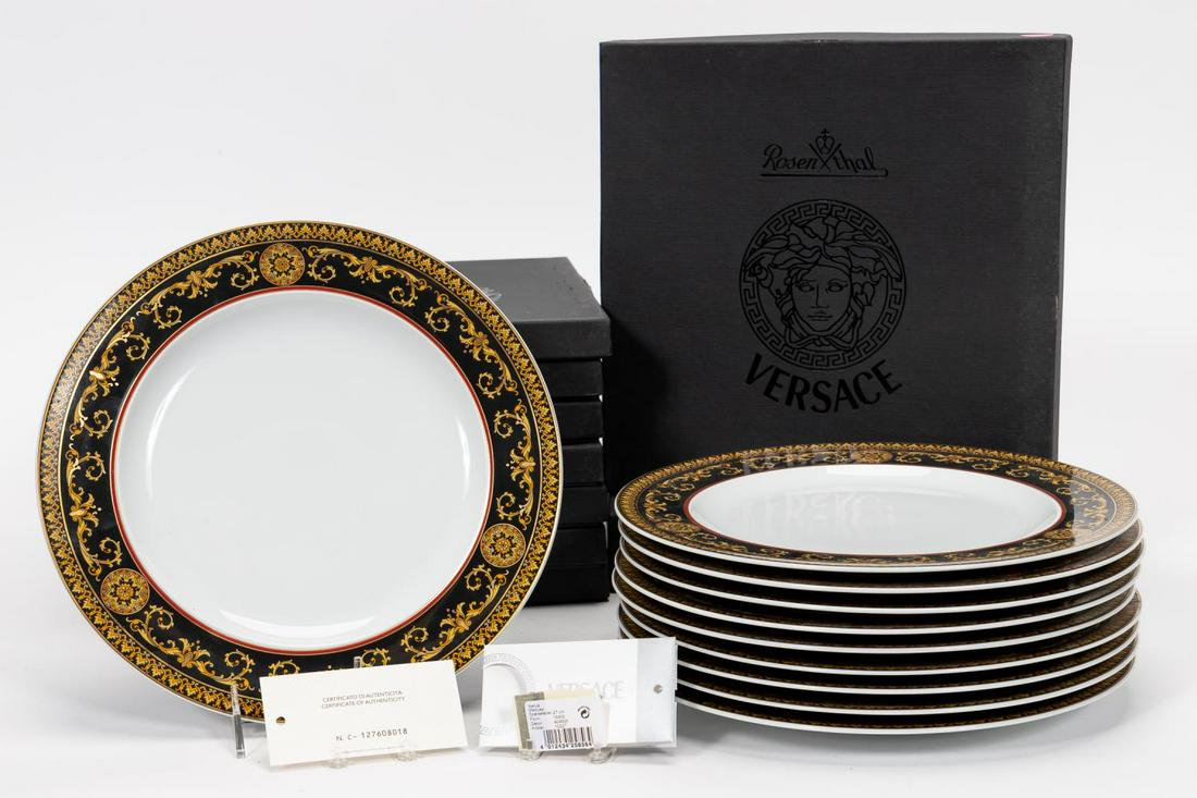 SET, 10 VERSACE MEETS ROSENTHAL DINNER PLATES: Versace (Italian, founded 1978), Rosenthal (German, founded 1879), late 20th century. Set of ten Versace Meets Rosenthal gilded "Ikarus Medusa" or "Medusa" (introduced 1994) porcelain dinner plates ha