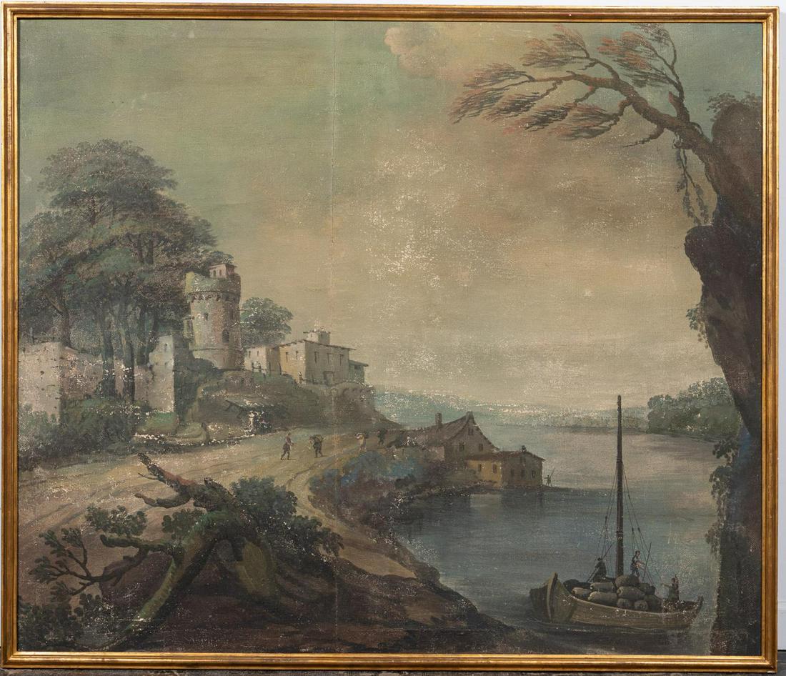 SCHOOL OF BOLOGNA, LANDSCAPE OIL, 17TH C.: School Of Bologna. "Harbor Scene With Fishing Boats" - 17th century, Italian school tempera on canvas/linen, apparently unsigned. Capriccio scene depicting a small harbor with fishing boats, the shore