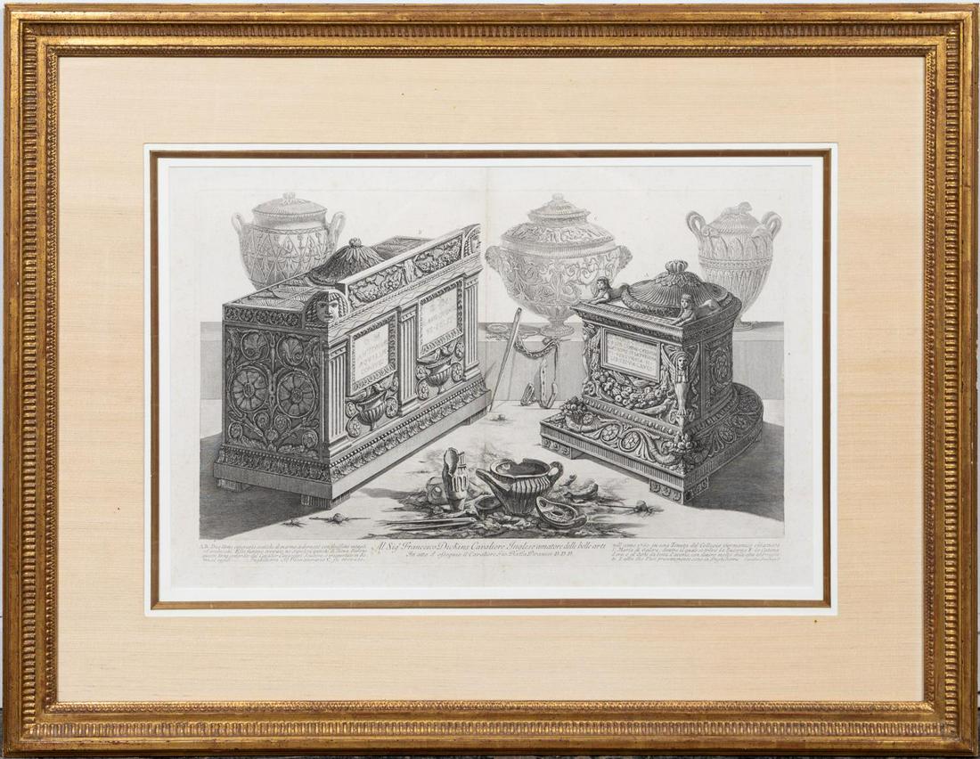 18TH C., GIOVANNI BATTISTA PIRANESI ENGRAVING: After Giovanni Battista Piranesi (Italian, 1720-1778). "Cinerary Urns & Objects of Antiquarian" - 18th century, etching on paper, signed in plate. An etching filled with cinerary urns and objects of a