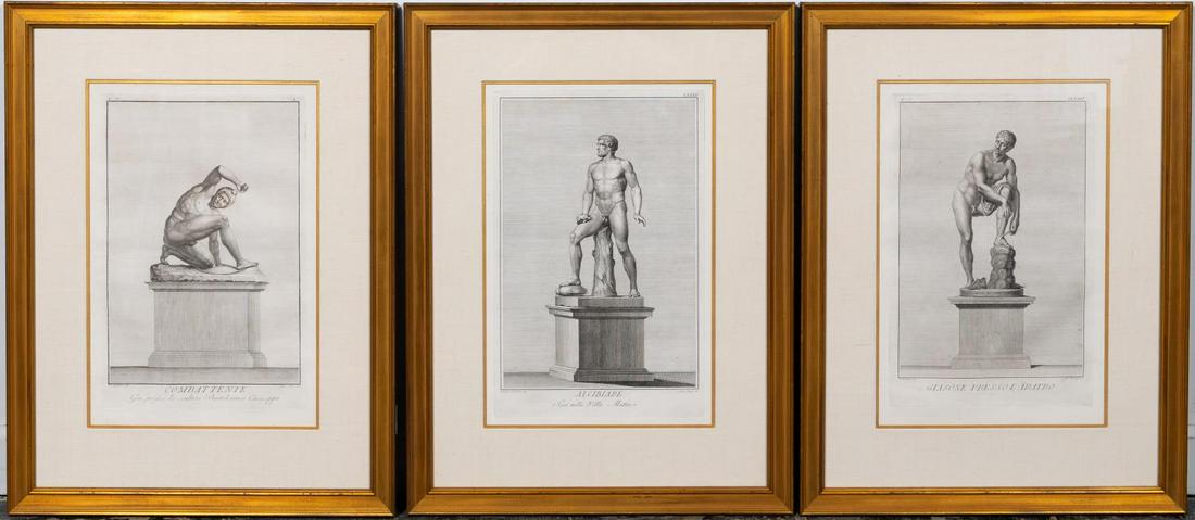 THREE, CLASSICAL MALE NUDE ENGRAVINGS, C. 1784: After Vincenzo Dolcibene (Italian,1746 - 1820), group of three black and white engraving. "Combattente/Gia Presso Lo Scultore Bartolommeo Cavaceppi" - engraved by Giuseppe Sforza Perini (Italian, circ
