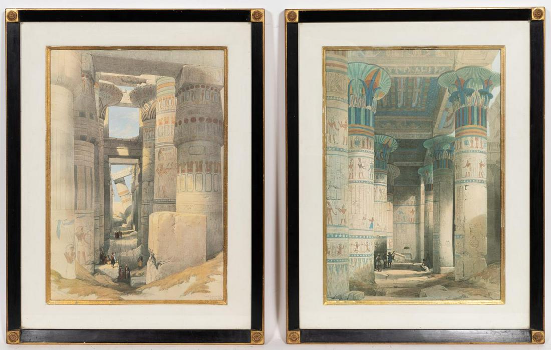 TWO, LOUIS HAGHE EGYPTIAN RUINS AFTER D. ROBERTS: After Louis Haghe (British, 1806-1885), After David Roberts R.A. (English / Scottish, 1796 - 1864). Egyptian Ruins - 20th century, color offset lithographs, signed in plate to lower right. A pair of c