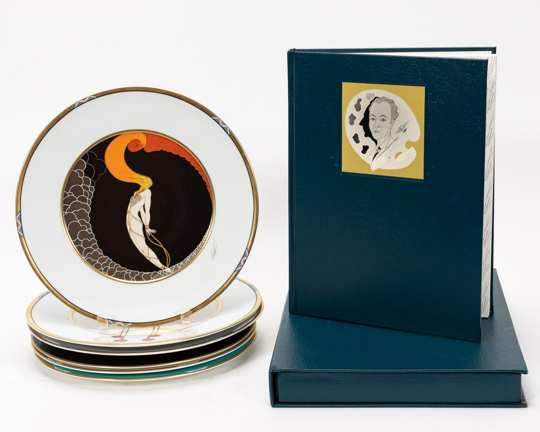 ERTE AUTOBIOGRAPHY & SIX FIGURAL PORCELAIN PLATES: Sevenarts Ltd (English (London), est 1980) and Mikasa (American, est. 1936) late 20th century. A group of decorative Erte art deco porcelain plates comprising figural compositions including "L'Amour"