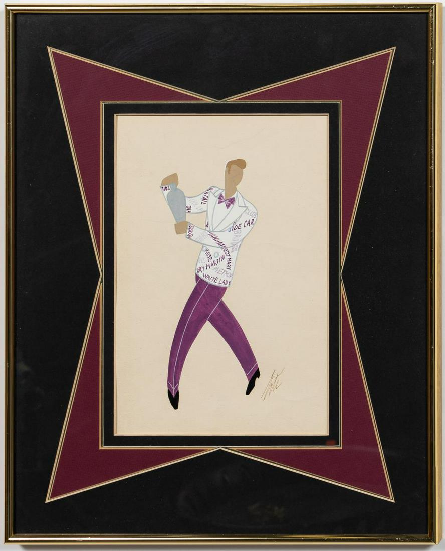 ERTE, "LE BARMAN" ORIGINAL GOUACHE COSTUME SKETCH: Romain de Tirtoff Erte (Russian/French, 1892-1990). "Le Barman" - 1975, gouache on arches paper, signed on verso, titled and dated on verso. Original costume sketch of male figure holding cocktail sha