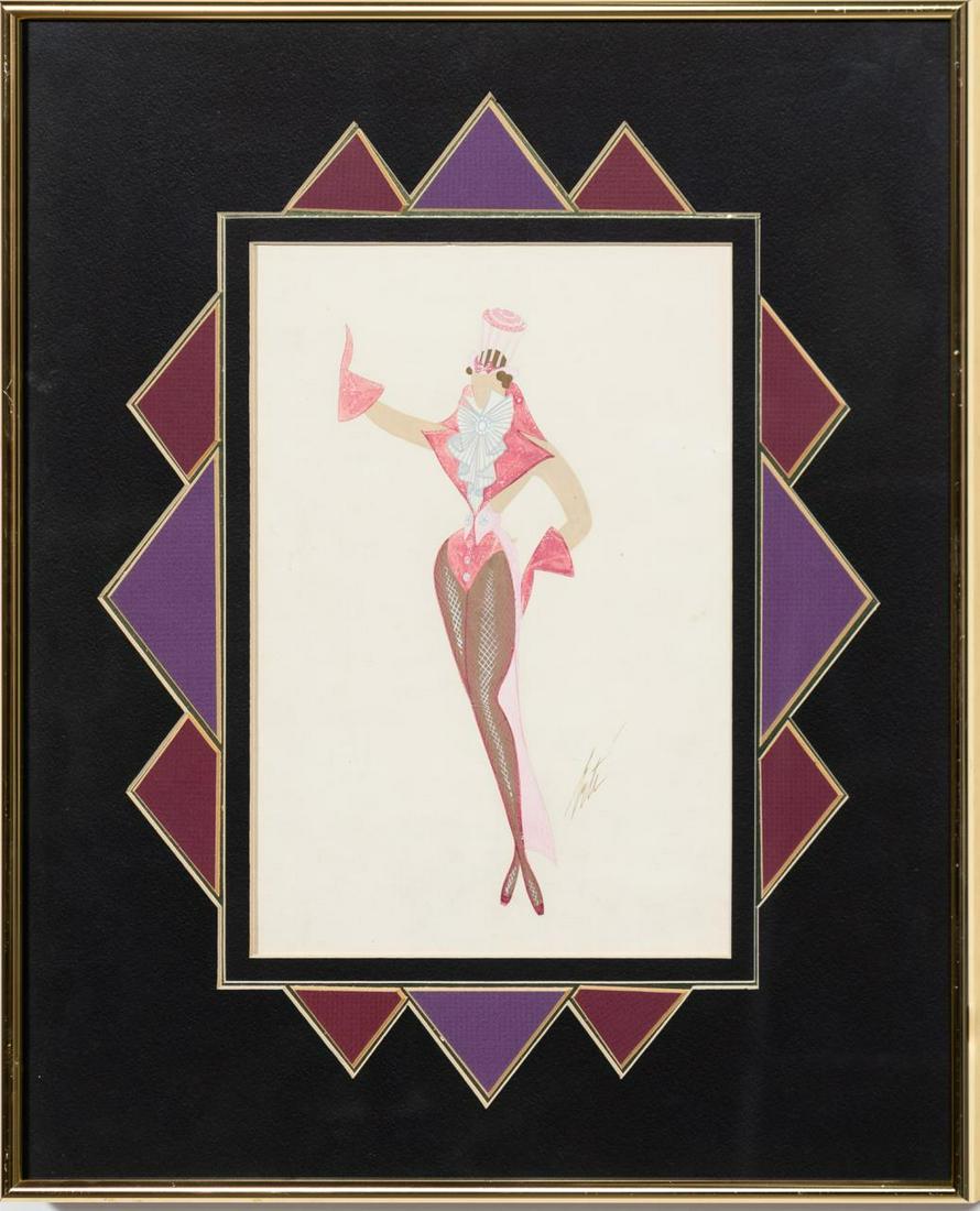 ERTE "LA NOUVELLE EVE" 1830 COSTUME GOUACHE: Romain de Tirtoff Erte (Russian/French, 1892-1990). "Vu Par la Nouvelle Eve" (Seen by the New Eve) - 1930, gouache on paper, signed to lower right, titled and dated to verso. Original costume sketch o