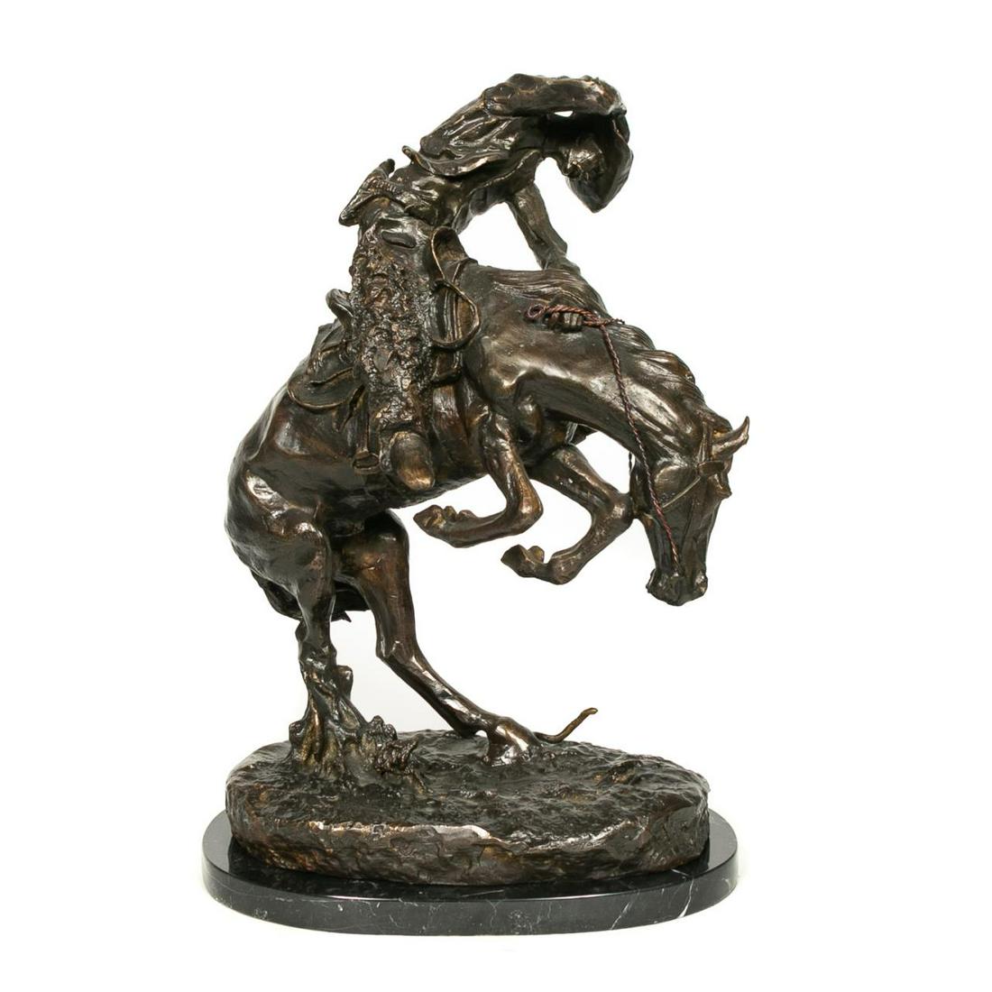 AFTER FREDERIC REMINGTON "RATTLESNAKE" BRONZE: After Frederic Remington (American, 1861-1909). "Rattlesnake", bronze sculpture on marble base, signed to base "Remington" and with an applied plaque "Rattlesnake, By Frederic Remington". Approx: h. 2