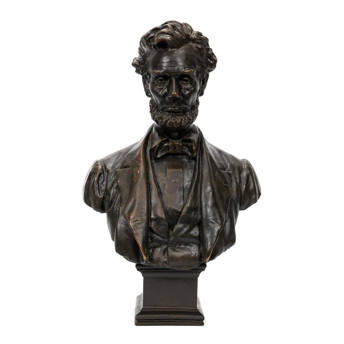 AFTER GEORGE BISSELL, BUST OF ABRAHAM LINCOLN: After George Edwin Bissell (American, 1839-1920). "Bust of Abraham Lincoln" - circa 1980, commissioned by the Boston Museum of Fine Arts from Gorham, bronze-tone resin bust, marked "Geo. E. Bissell, S