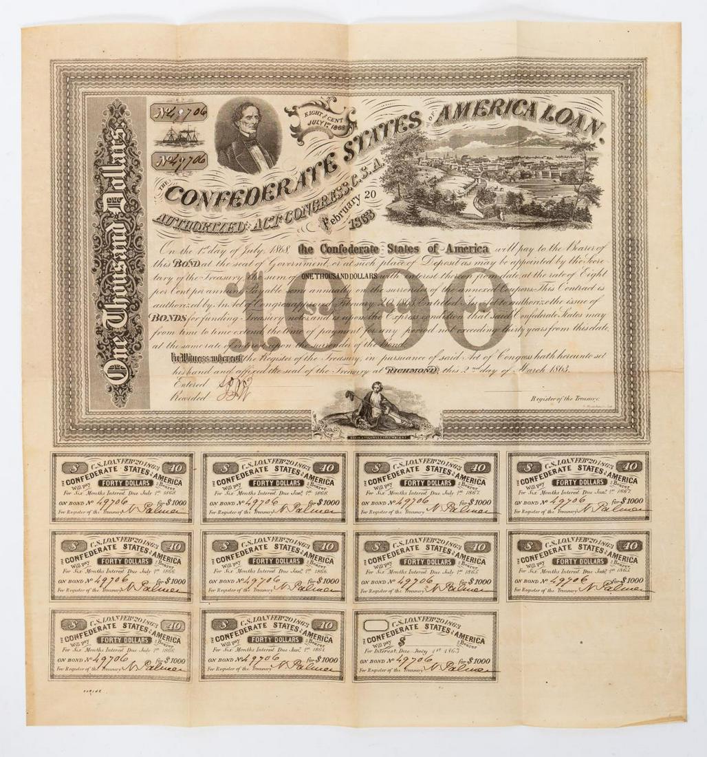 $1000 CONFEDERATE STATES OF AMERICA BOND 1863: American, 1863. A Confederate States of America loan for $1000, Richmond Virginia, second day of March 1863, No. 49706. Full sheet, unsigned by treasury. Approx. h. 15.75", w. 15". Provenance: From th