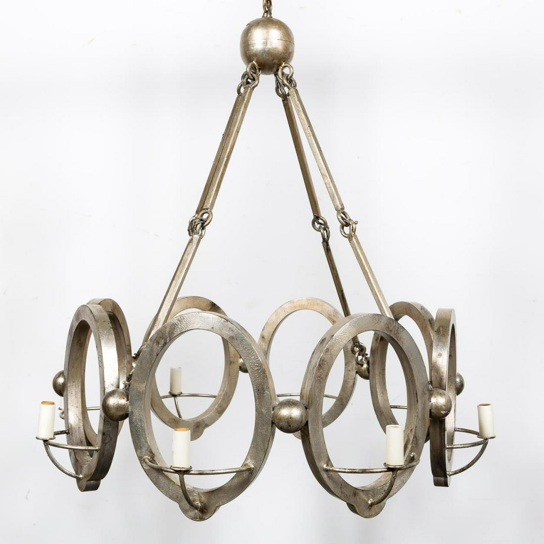 NIERMANN WEEKS "CHRISTOBAL" SILVER LEAF CHANDELIER: Niermann Weeks (American, founded 1978), contemporary. Circular "Cristobal" eight-light chandelier having a Venetian silver leaf finish and composed of open ovals interspersed with spherical elements,