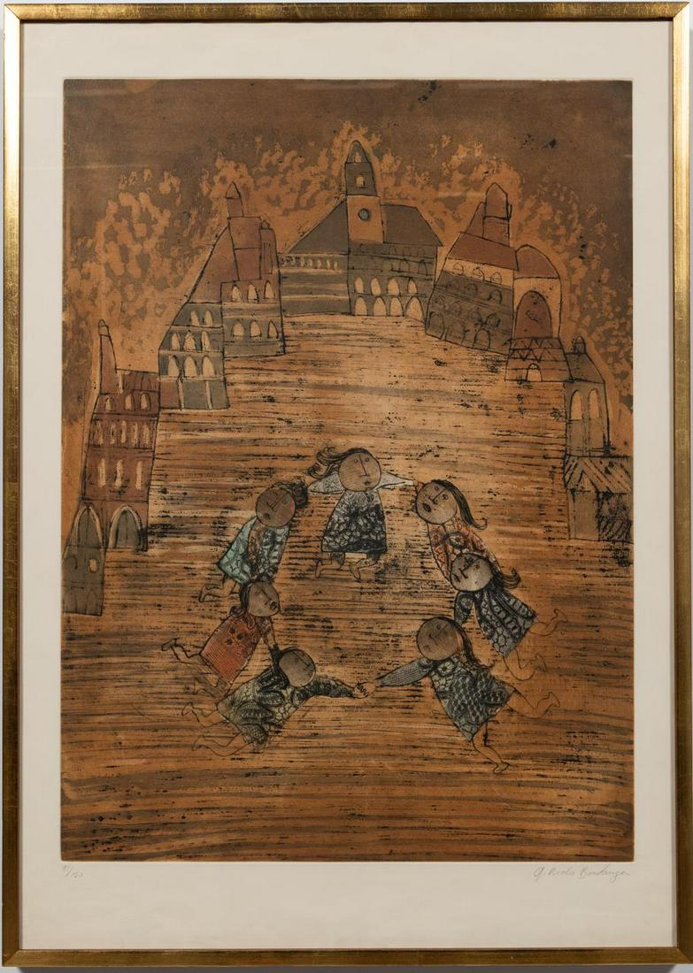 GRACIELA RODO BOULANGER, ETCHING OF CHILDREN: Graciela Rodo Boulanger (Bolivian, born 1935). Unknown title, etching on paper, signed to lower right "G. Rodo Boulanger" and numbered "91/120" to lower left. An etching of kids playing ring around th