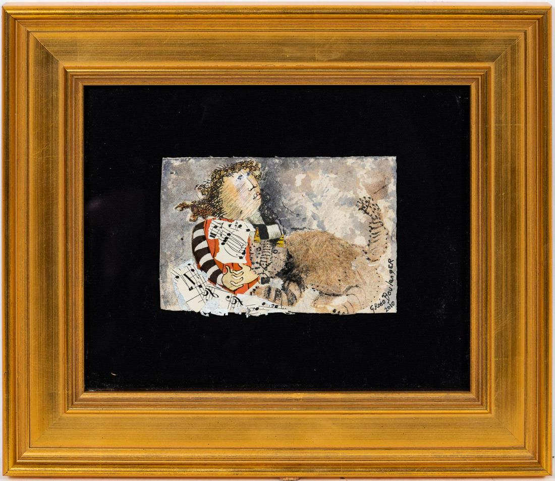 GRACIELA RODO BOULANGER "MON CHAT" MIXED MEDIA: Graciela Rodo Boulanger (Bolivian, born 1935). "Mon Chat" - 2010, mixed media watercolor, colored pencil and cut outs on hard paper stock, signed to right corner "G. Rodo Boulanger, 2010". A mixed med