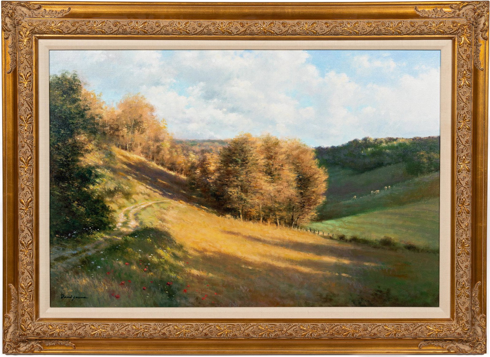 DAVID GARCIA "SUNLIT HILSIDE" LANDSCAPE OIL: David Garcia (French, b. 1936- ). "Sunlit Hillside" - oil on canvas, signed on lower left. Landscape painting featuring a field in Autumn with grazing sheep in the background. Approx. 24" x 35" (canva