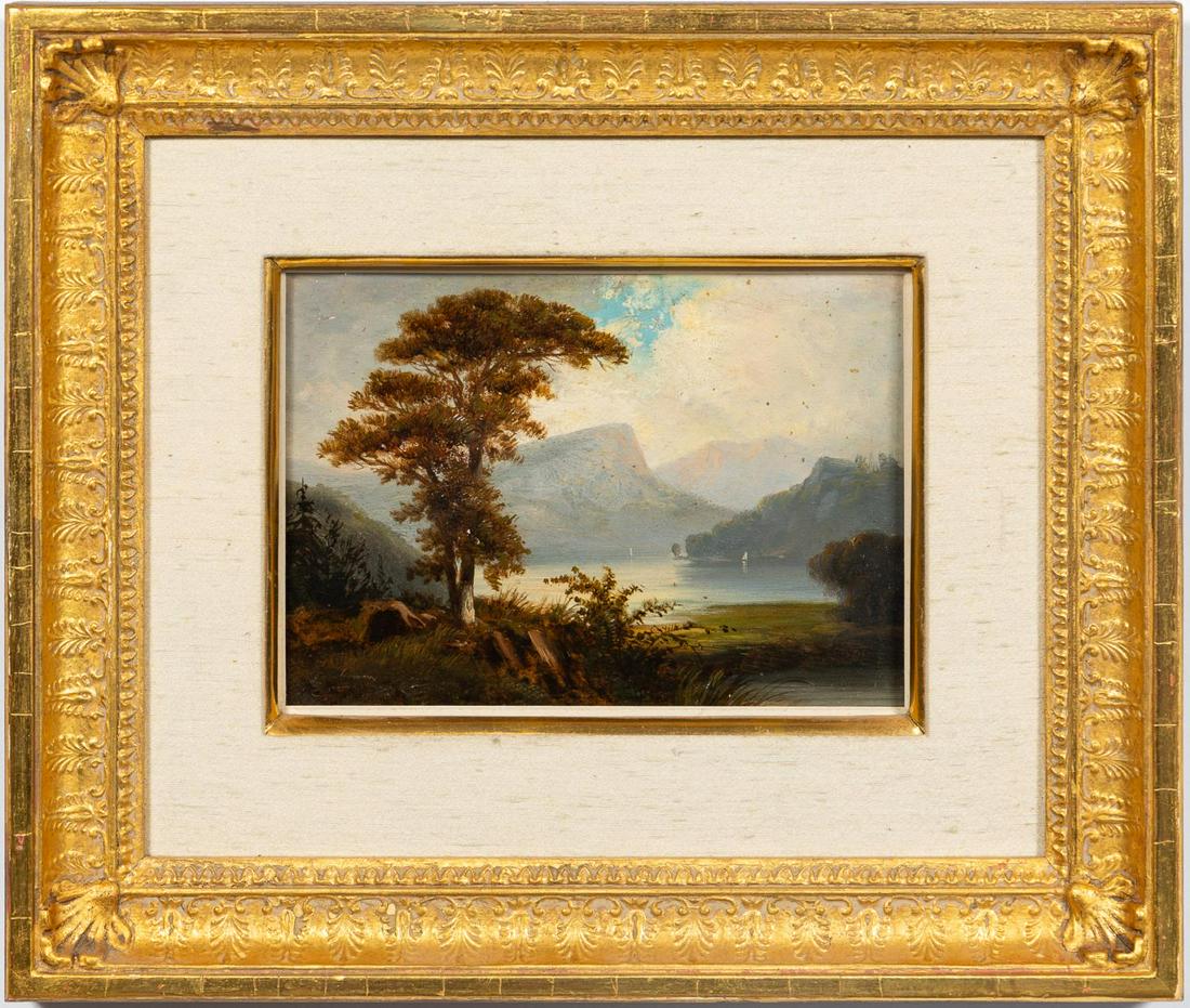 SIGNED, HUDSON RIVER VALLEY SCHOOL OIL PAINTING: American School. "Peaceful Mountain View" - , late 19th to early 20th century oil on paper, signed illegibly to lower left. A mountain view landscape painting. Approx. 6" x 8" (paper) 12.25" x 14.5" (