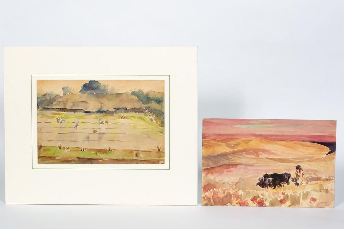 TWO CHRISTOPHER P.H. MURPHY FIELD WATERCOLORS: Christopher Patrick Hussey Murphy (American (Georgia), 1869-1939). "Hills Of Galilee" - 1933 after the painting by John Singer Sargent currently in the Brooklyn Museum (other untitled), watercolor on