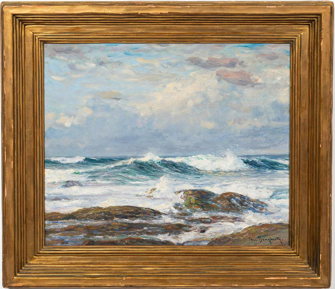 PAUL DOUGHERTY, "ON OUTER EDGES" OIL SEASCAPE: Paul Dougherty (American/ French, 1877-1947). "On Outer Edges" - oil on canvas board, signed to lower right "Paul Dougherty" and verso with label from "Painters & Sculptors Gallery Association, Grand