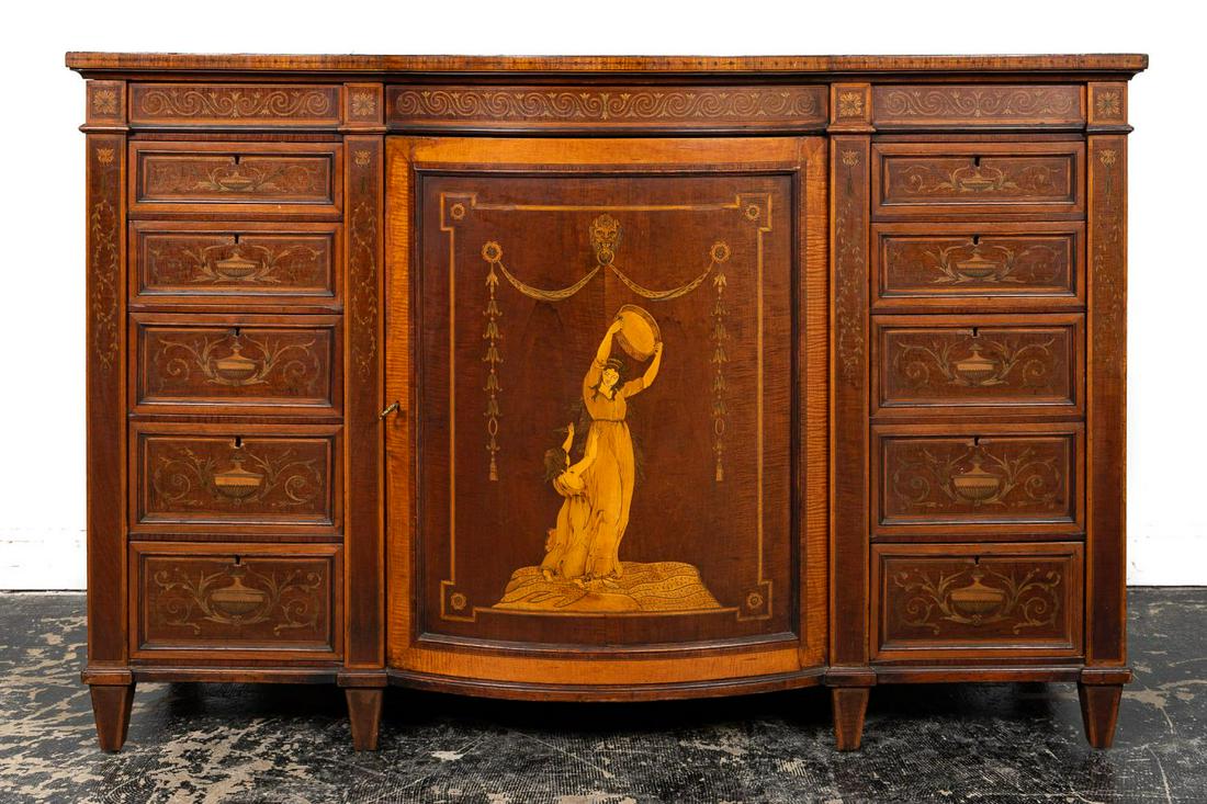 20TH C. EDWARDS & ROBERTS MARQUETRY INLAID SERVER: Edwards & Roberts (British, 1845-1973), early 20th century. Edwardian era bow front server or buffet having elaborate marquetry inlay with a central door with female musician in the manner of Angelica