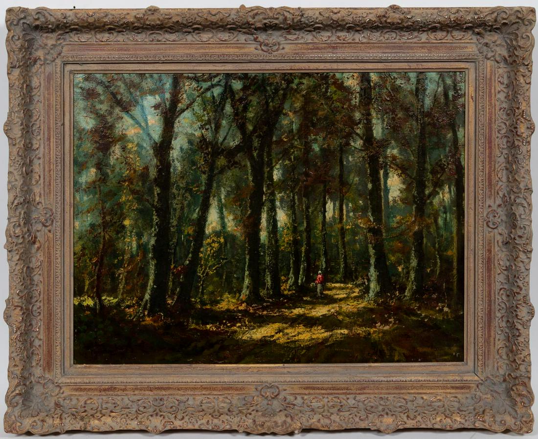 E. 20TH C. "FOREST TRAVEL" OIL LANDSCAPE, SIGNED: Continental school. "Forest Travel" - early 20th century, oil on canvas, signed indistinctly to lower left. A forest landscape painting with a women walking in the foreground. Approx: 23.75" x 31.5" (