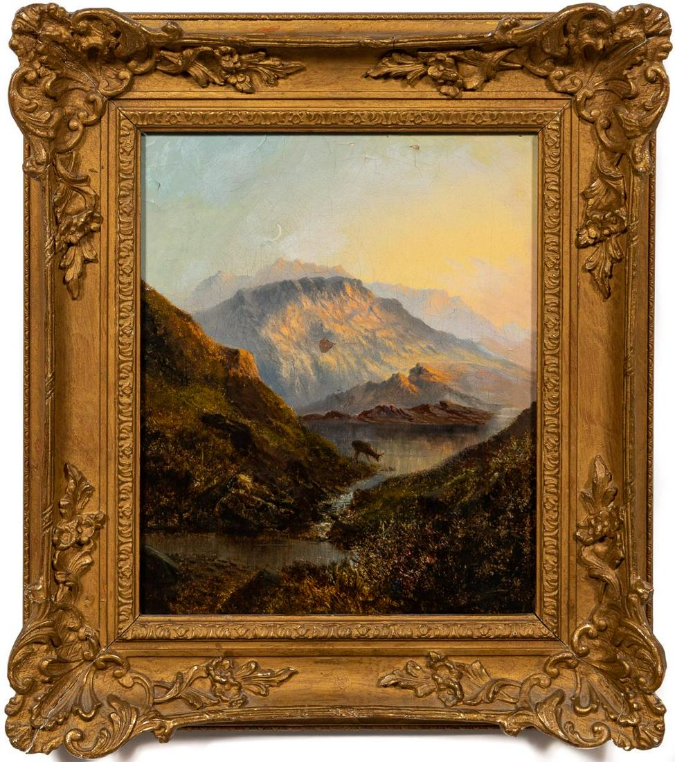20TH C. CONTINENTAL SCHOOL LANDSCAPE, SIGNED OIL: Continental School. Mountainous landscape - late 19th to early 20th century, oil on canvas, signed "GFC" lower right. Painting of a mountainous valley with an elk drinking from a lake. Approx. 12.25" 